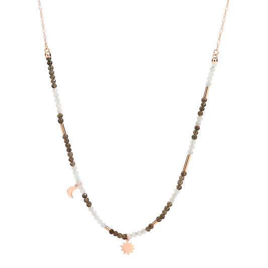 DoDo Halskette Moon & Sun (DCC2010-MOSUN-FAD9R) aus Roségold mit Rauchquarz