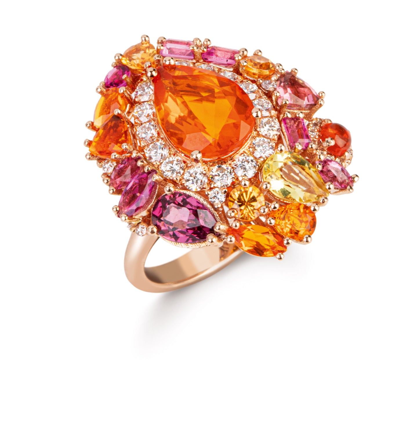 Chandelier Ring Feueropal, Roségold mit pinken Saphiren und Turmaline von Grimaldo Firenze online kaufen (Ref. CH-RG03FO-01)