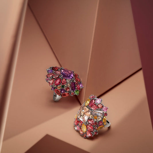 Chandelier Ring Morganit, Weissgold mit braunen, pinken und weissen Diamanten von Grimaldo Firenze online kaufen (Ref. CH-RG01AM-03)
