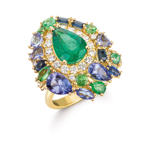 Chandelier Ring Smaragd, Gelbgold mit Smaragd und Tanzanit, weisse Diamanten von Grimaldo Firenze online kaufen (Ref. CH-RG03SM-02)