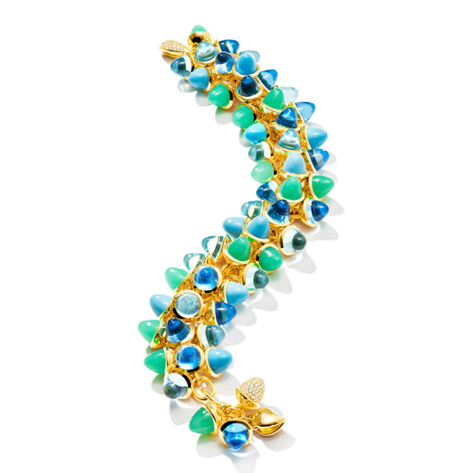 Tamara Comolli MIKADO Flamenco Armband 'Lagoon' mit Diamant-Pavé (B-MFL-Lag-p-yg) aus Gelbgold mit Diamant, Chrysopras, Topas und Türkis