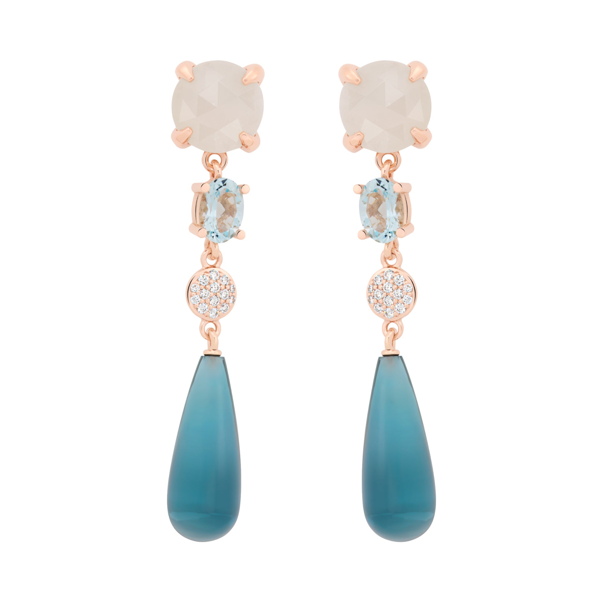 Bron Catch Ohrschmuck (8OR4890MWAQBRTL) aus Roségold mit Aquamarin, Diamant, Mondstein und Topas