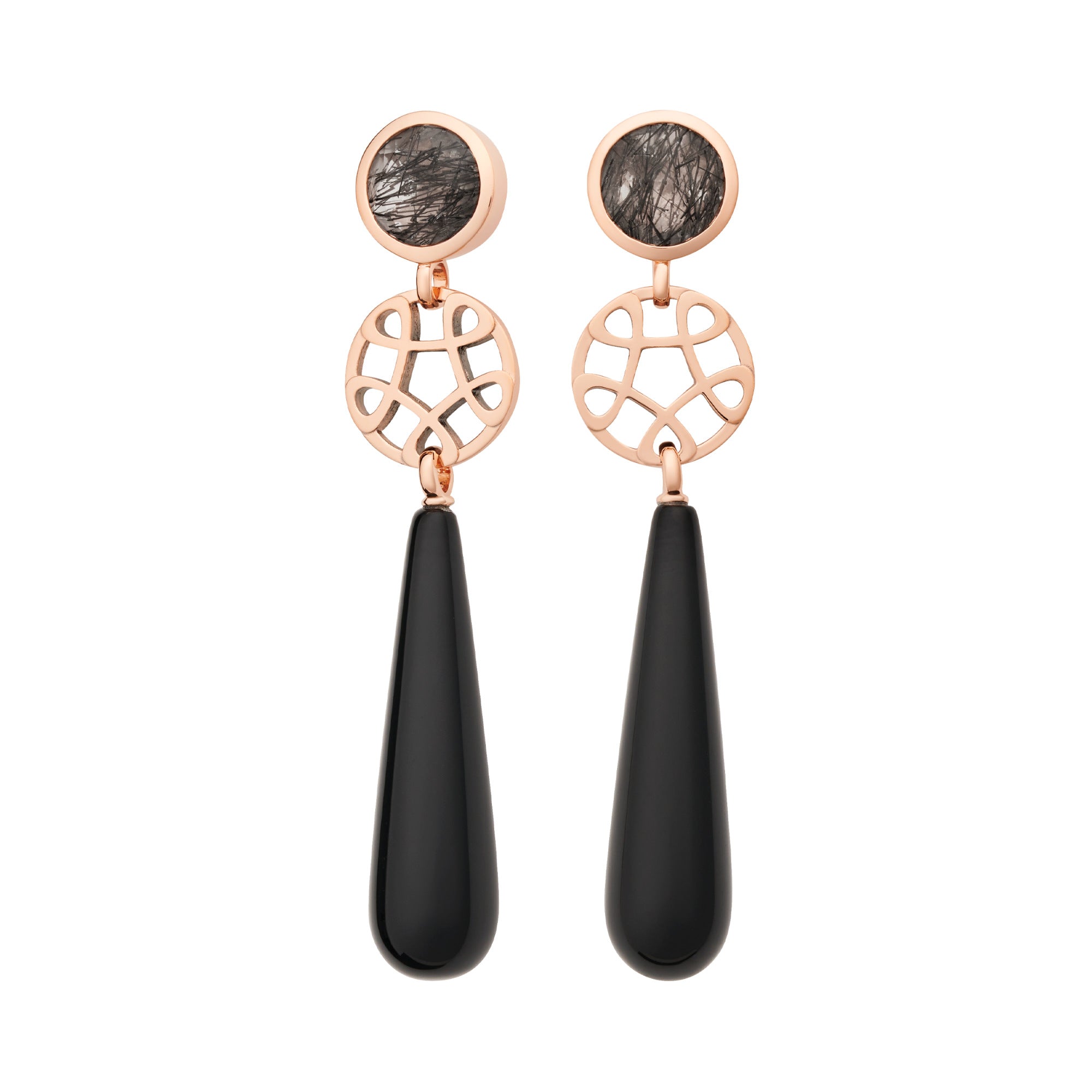 Bron Toujours Ajour Ohrschmuck (8OR4819QBBON) aus Roségold mit Onyx und Rutilquarz