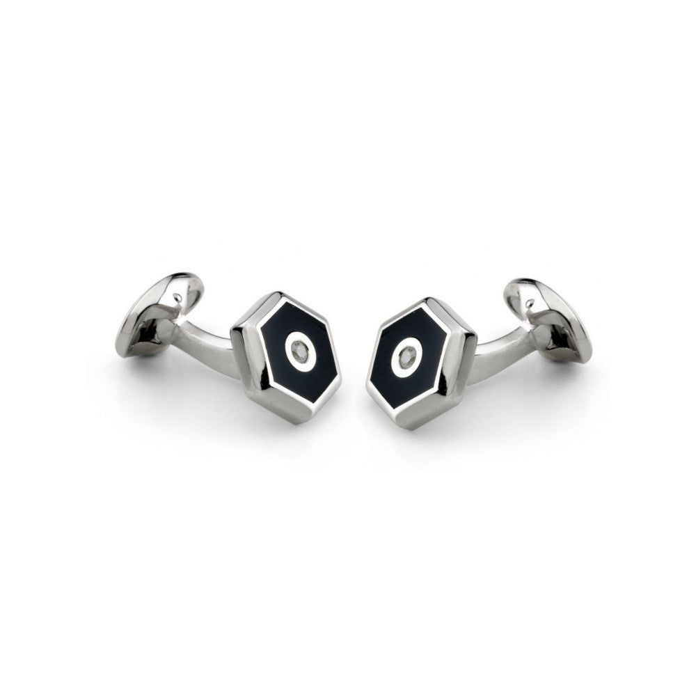 Deakin and Francis Silver Manschettenknöpfe Hexagonal (C0184X0002) aus Sterlingsilber mit Diamant und Onyx