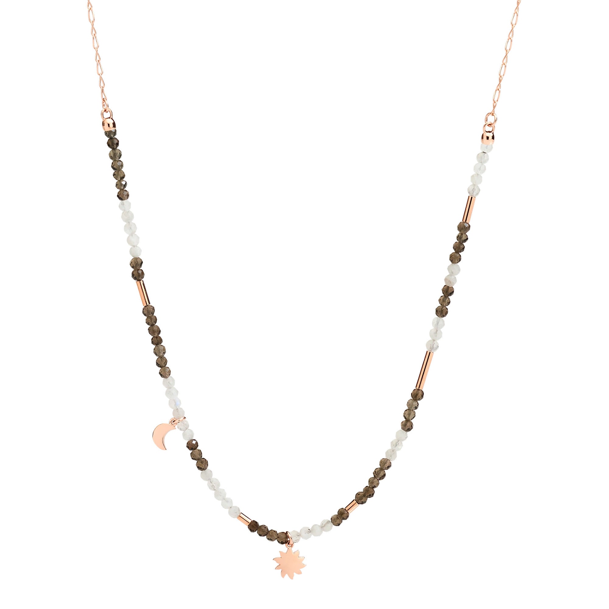 DoDo Halskette Moon & Sun (DCC2010-MOSUN-FAD9R) aus Roségold mit Rauchquarz