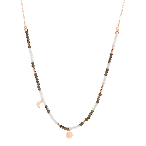 DoDo Halskette Moon & Sun (DCC2010-MOSUN-FAD9R) aus Roségold mit Rauchquarz