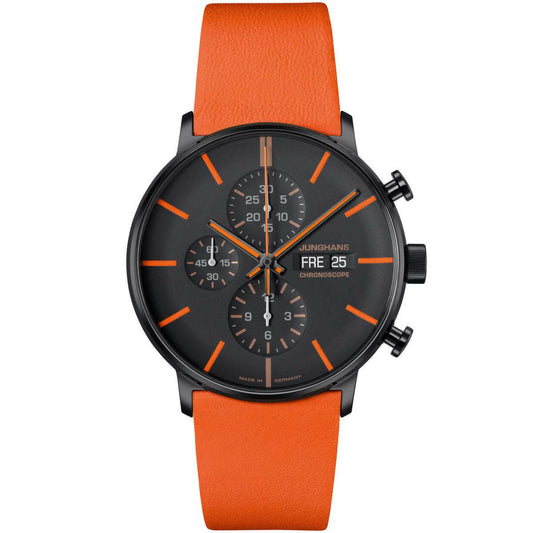 FORM A Chronoscope, Schwarz matt und oranges Lederband von Junghans online kaufen (Ref. 27/4370.00)