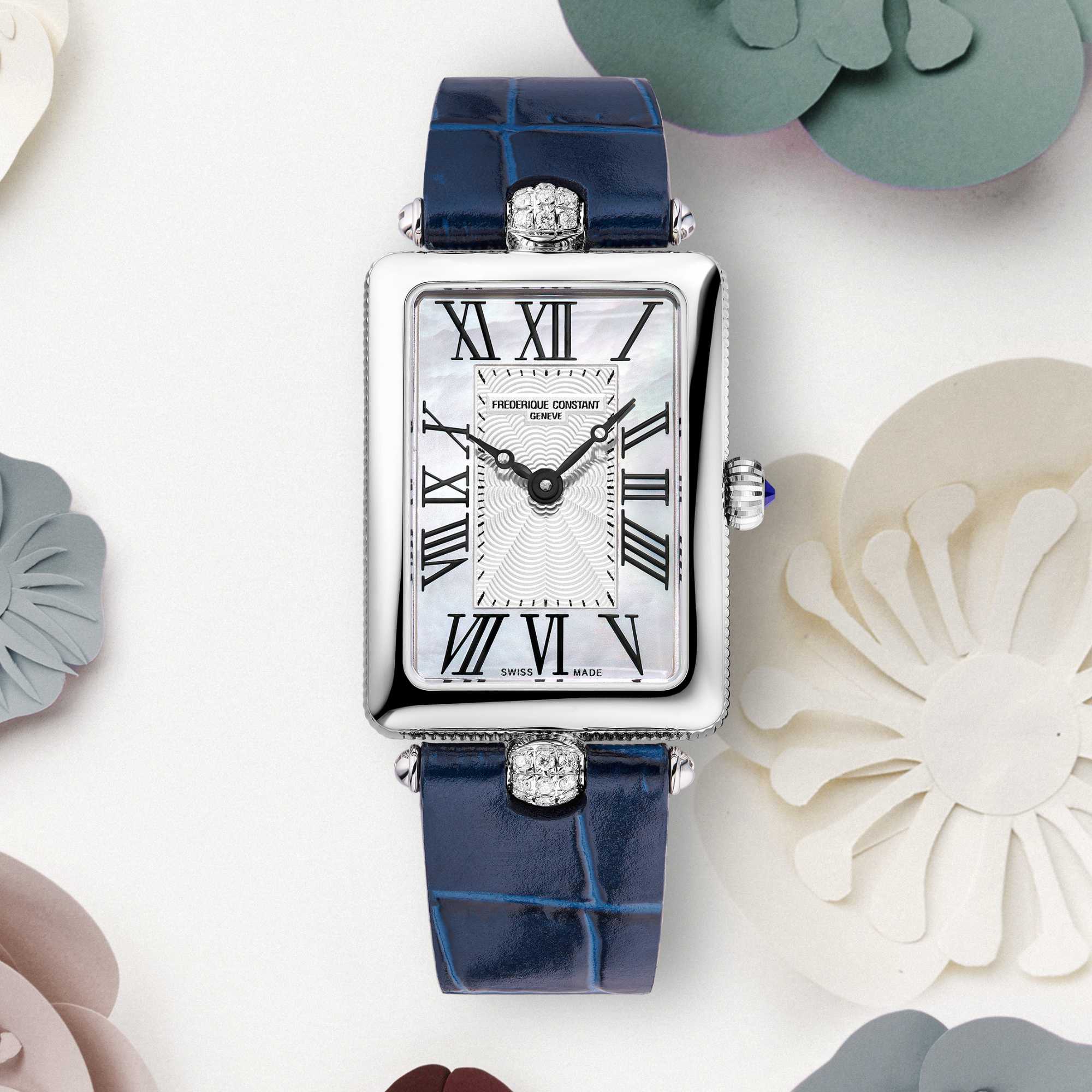 Frederique Constant Classics Art Deco Carree (FC-200MPW2AC2D6) aus Leder, Edelstahl mit Diamant und Perlmutt