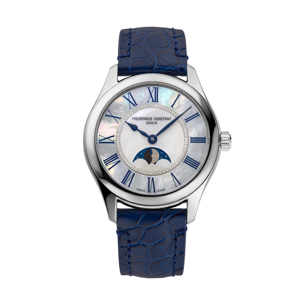 Frederique Constant Classics Elegance Luna (FC-331MPWND3B6) aus Leder, Edelstahl mit Diamant und Perlmutt