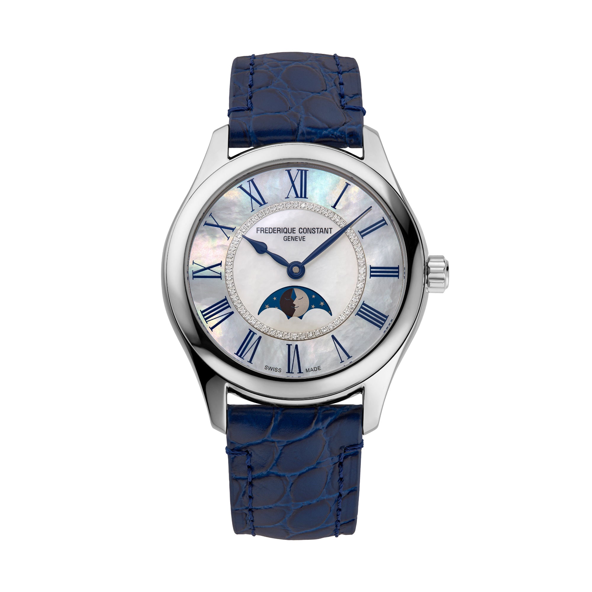 Frederique Constant Classics Elegance Luna (FC-331MPWND3B6) aus Leder, Edelstahl mit Diamant und Perlmutt