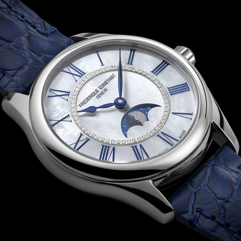 Frederique Constant Classics Elegance Luna (FC-331MPWND3B6) aus Leder, Edelstahl mit Diamant und Perlmutt