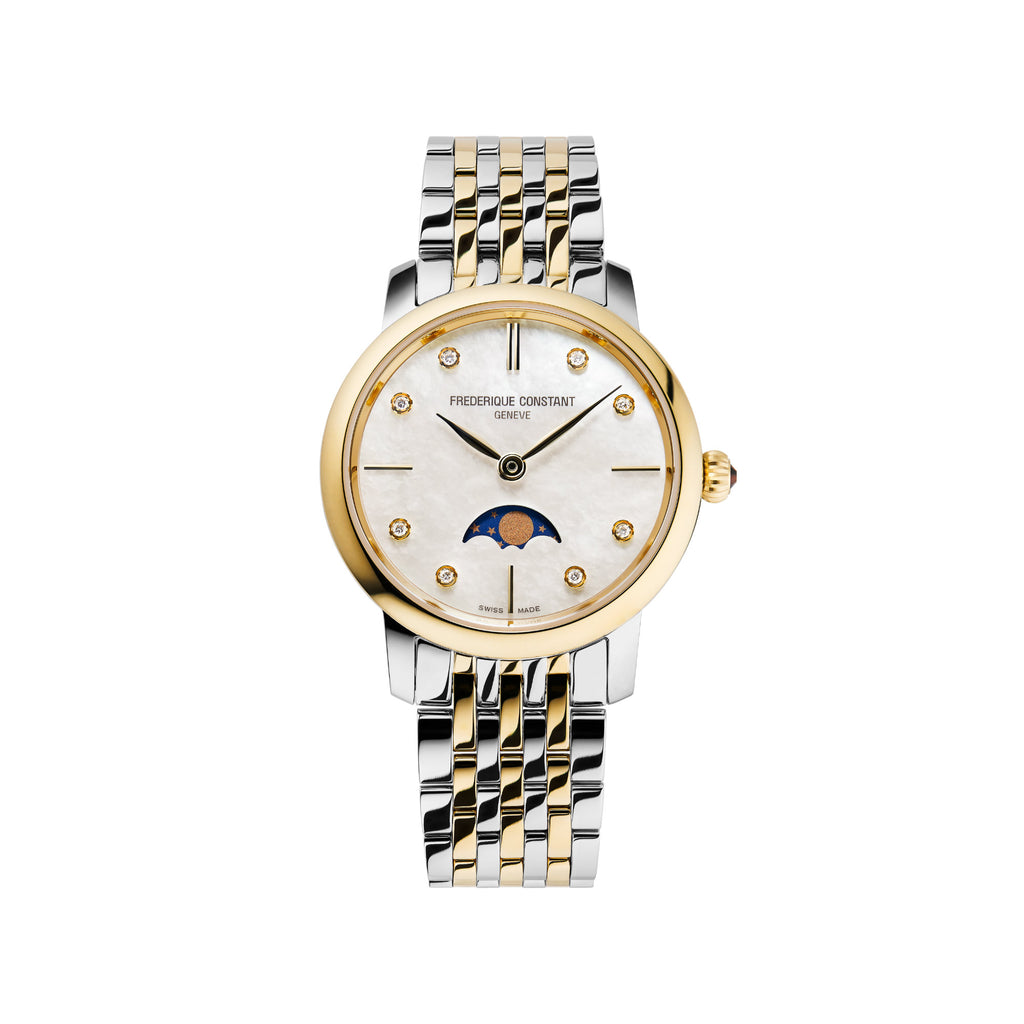 Frederique Constant Classics Slimline Ladies Moonphase (FC-206MPWD1S3B) aus Edelstahl mit Diamant und Perlmutt