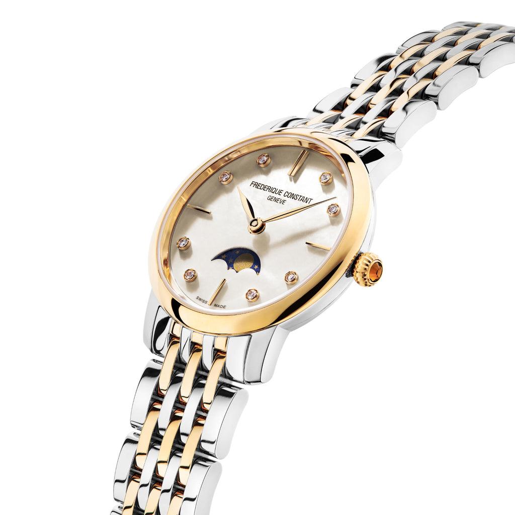 Frederique Constant Classics Slimline Ladies Moonphase (FC-206MPWD1S3B) aus Edelstahl mit Diamant und Perlmutt