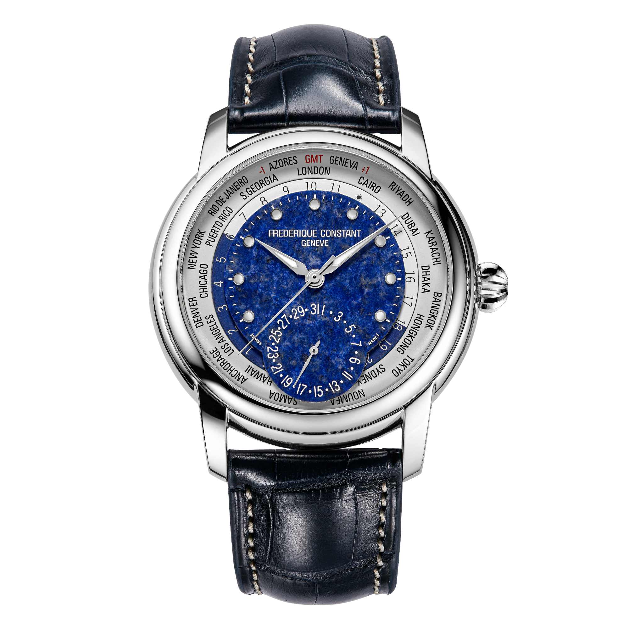 Frederique Constant Manufacture Classic Worldtimer (FC-718LA4H6) aus Leder, Edelstahl