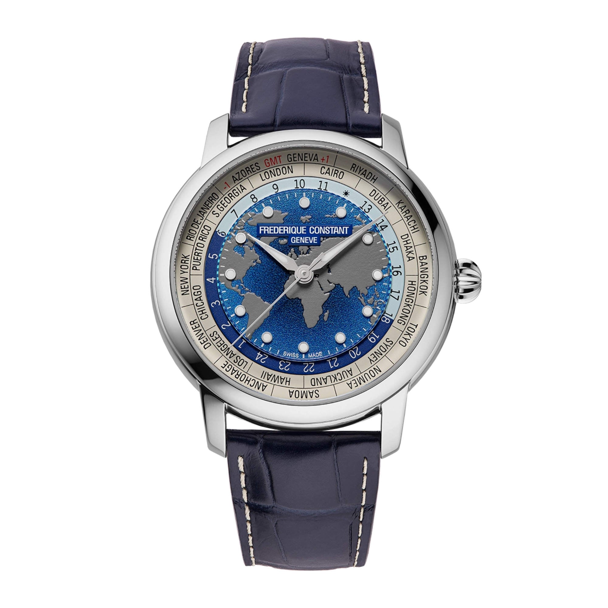 Frederique Constant Manufacture Classic Worldtimer (FC-719BLW3H6) aus Leder, Edelstahl