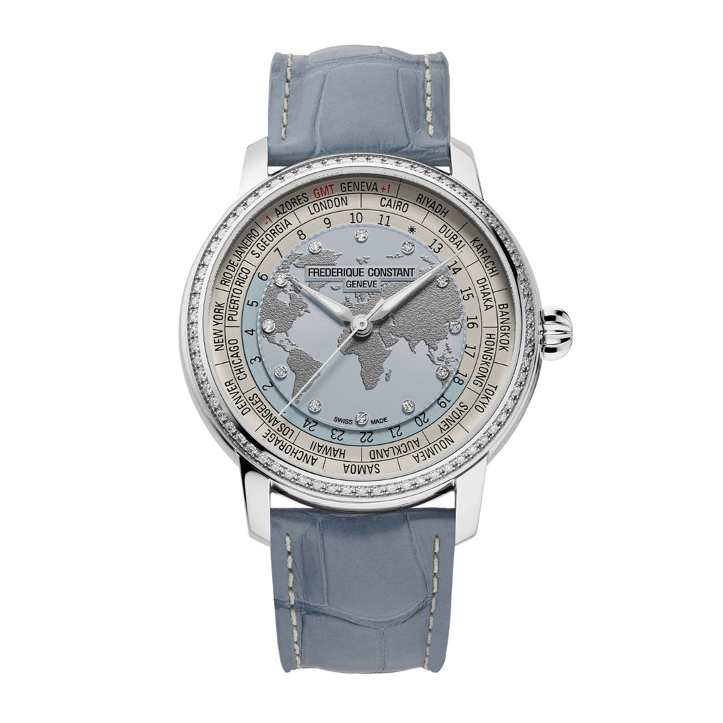 Frederique Constant Manufacture Classic Worldtimer (FC-719LBWD3DH6) aus Leder, Edelstahl mit Diamant