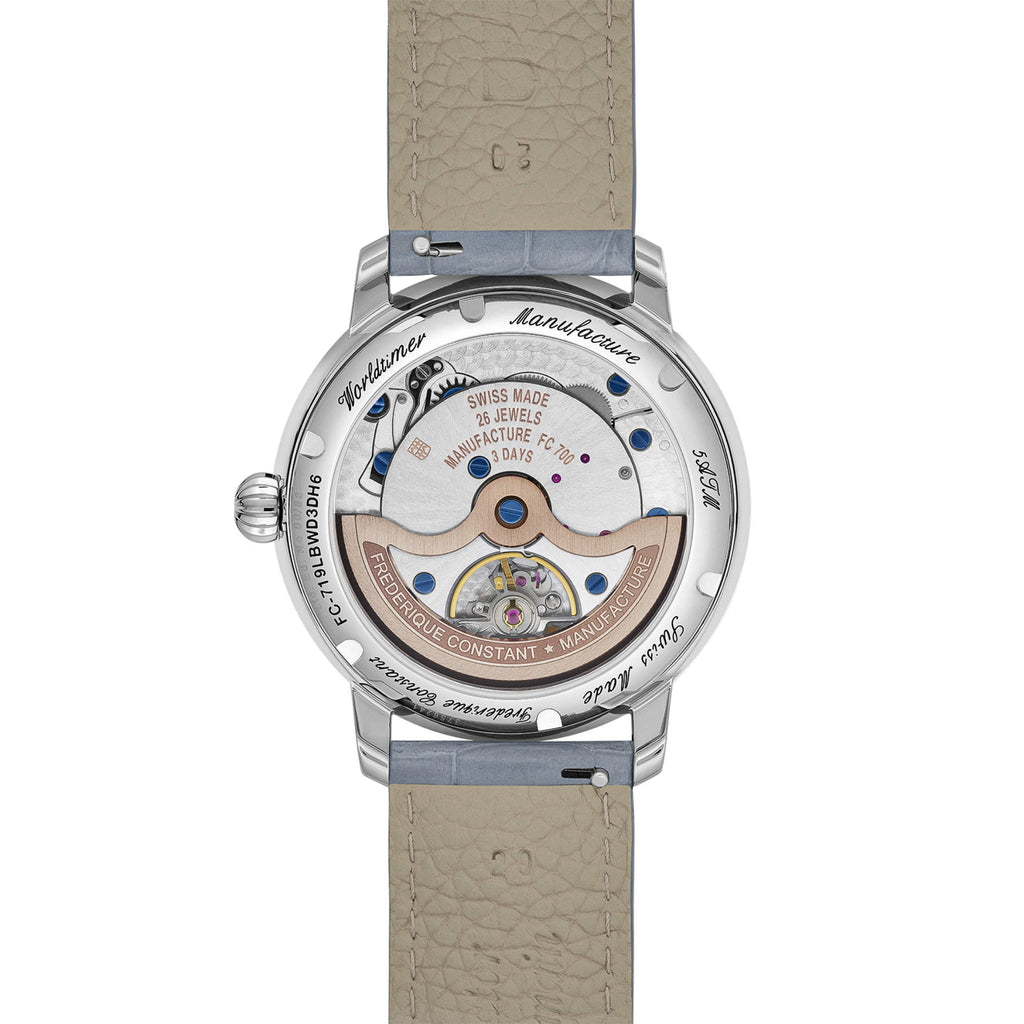Frederique Constant Manufacture Classic Worldtimer (FC-719LBWD3DH6) aus Leder, Edelstahl mit Diamant