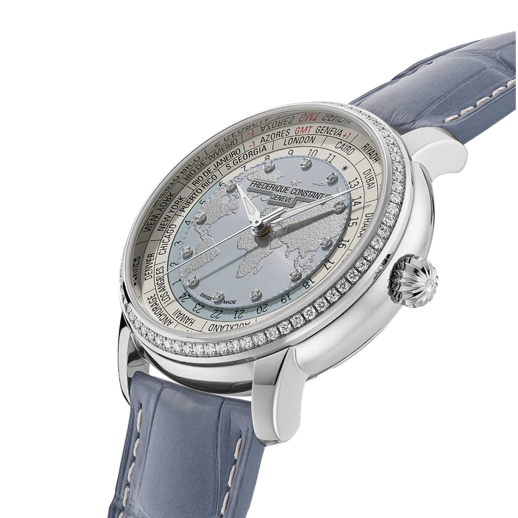 Frederique Constant Manufacture Classic Worldtimer (FC-719LBWD3DH6) aus Leder, Edelstahl mit Diamant