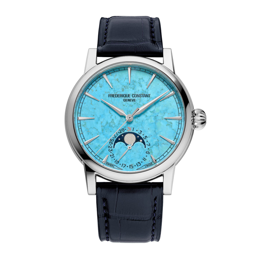 Frederique Constant Manufacture Classics Moonphase Date (FC-716TU3H6) aus Leder, Edelstahl mit Türkis