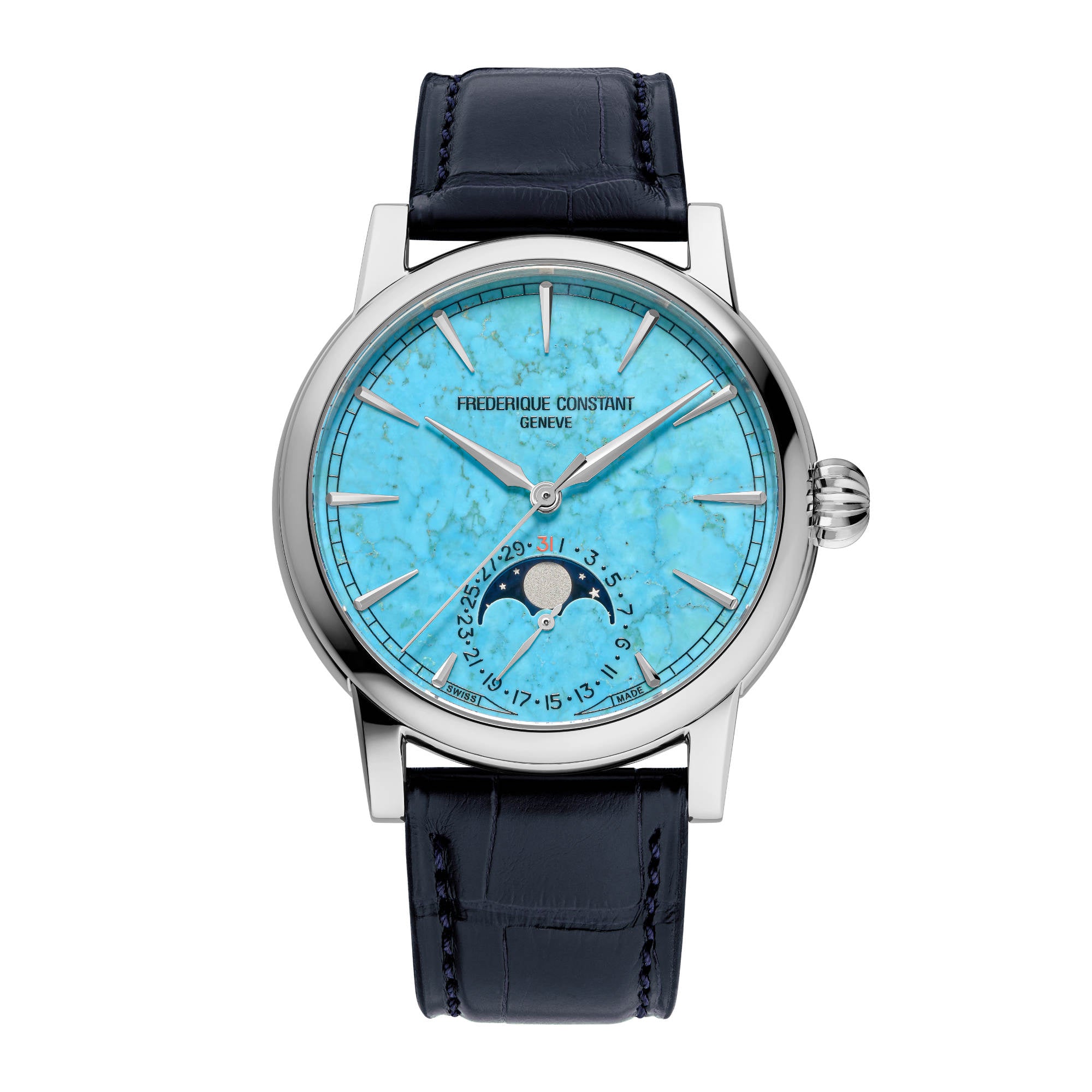 Frederique Constant Manufacture Classics Moonphase Date (FC-716TU3H6) aus Leder, Edelstahl mit Türkis