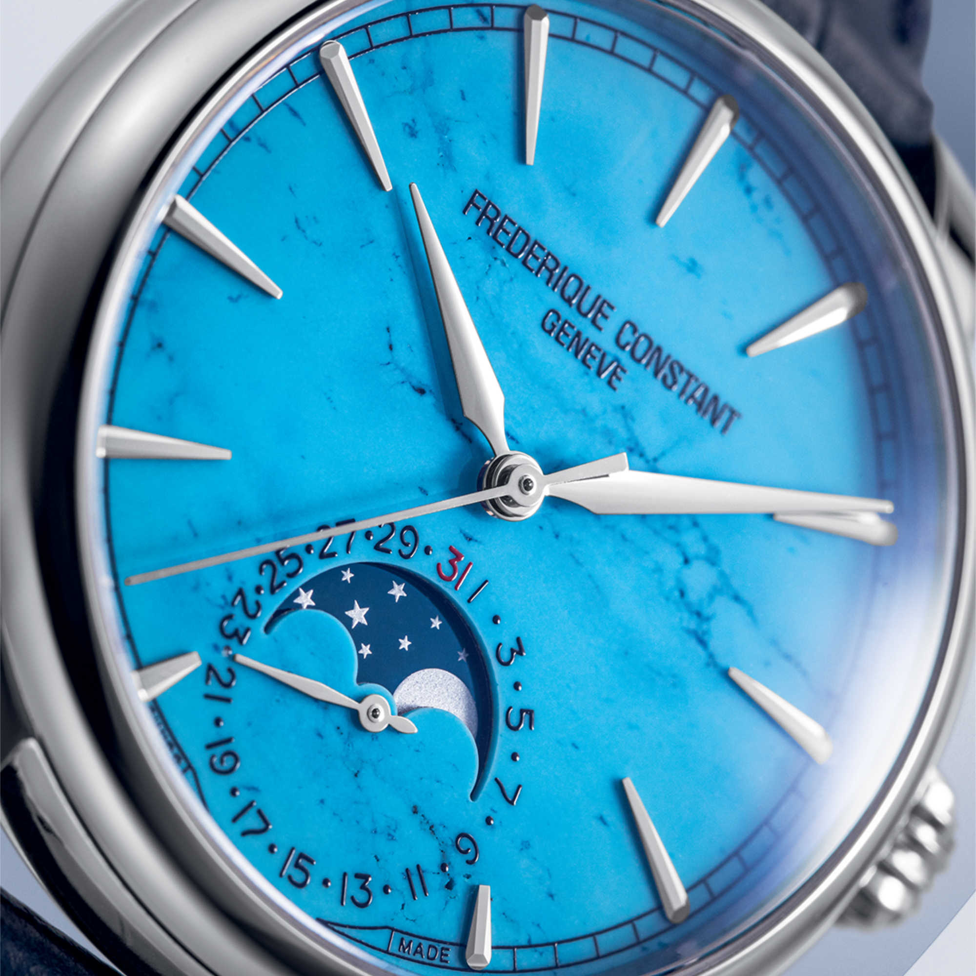 Frederique Constant Manufacture Classics Moonphase Date (FC-716TU3H6) aus Leder, Edelstahl mit Türkis
