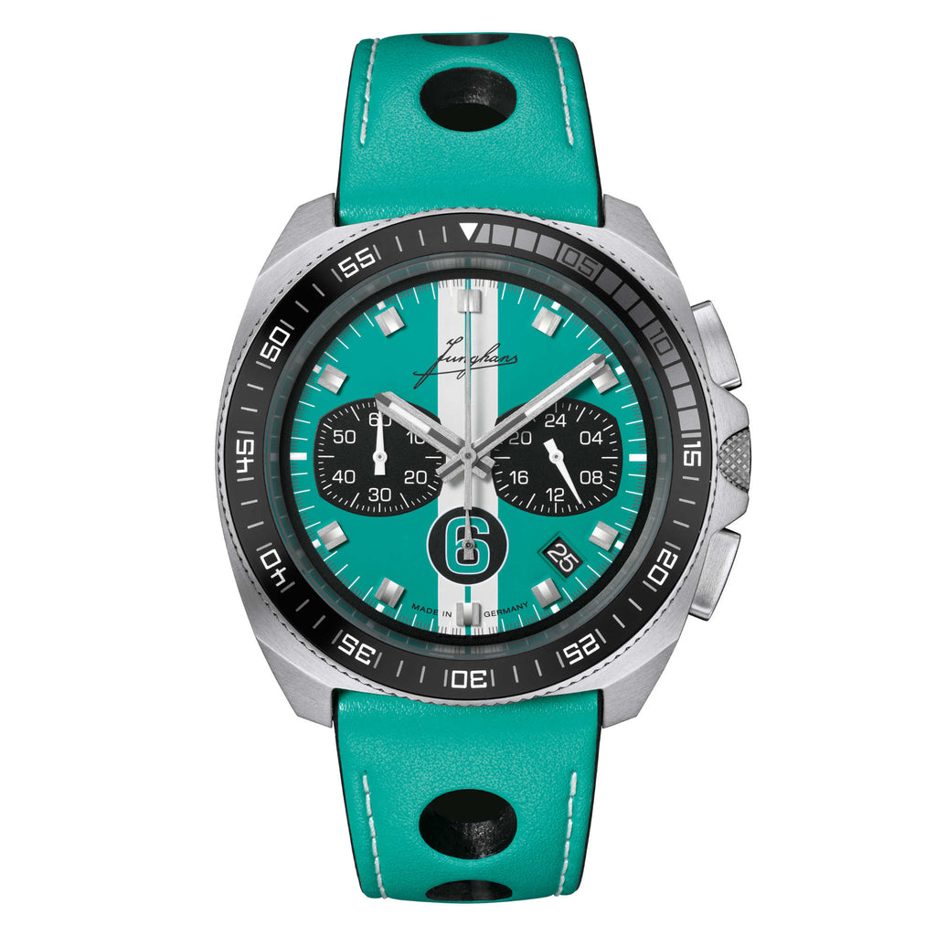 Junghans 1972 Chronoscope Sports Edition 2026 - 41/4558.00 (00) aus Leder, Edelstahl mit Türkis