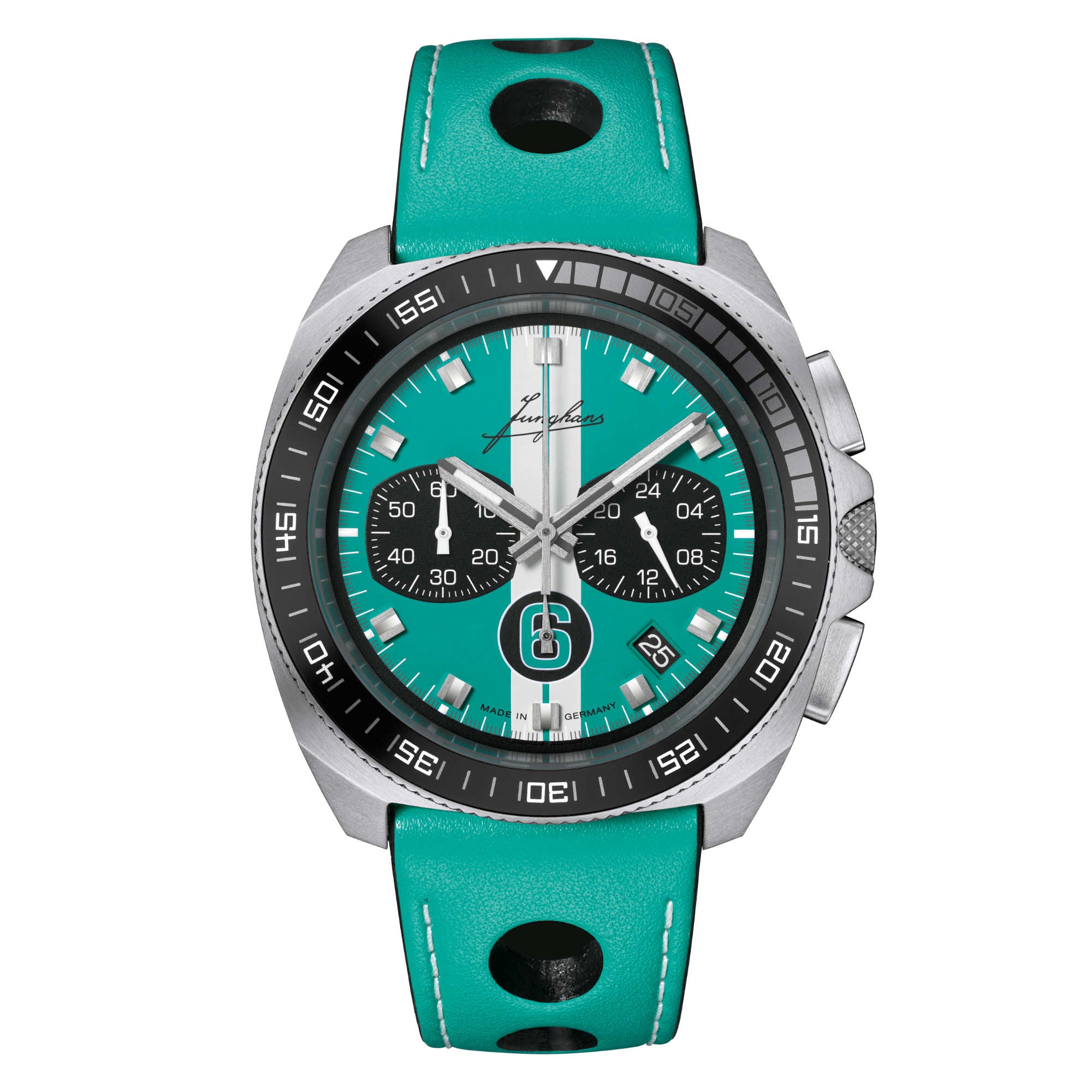 Junghans 1972 Chronoscope Sports Edition 2026 - 41/4558.00 (00) aus Leder, Edelstahl mit Türkis