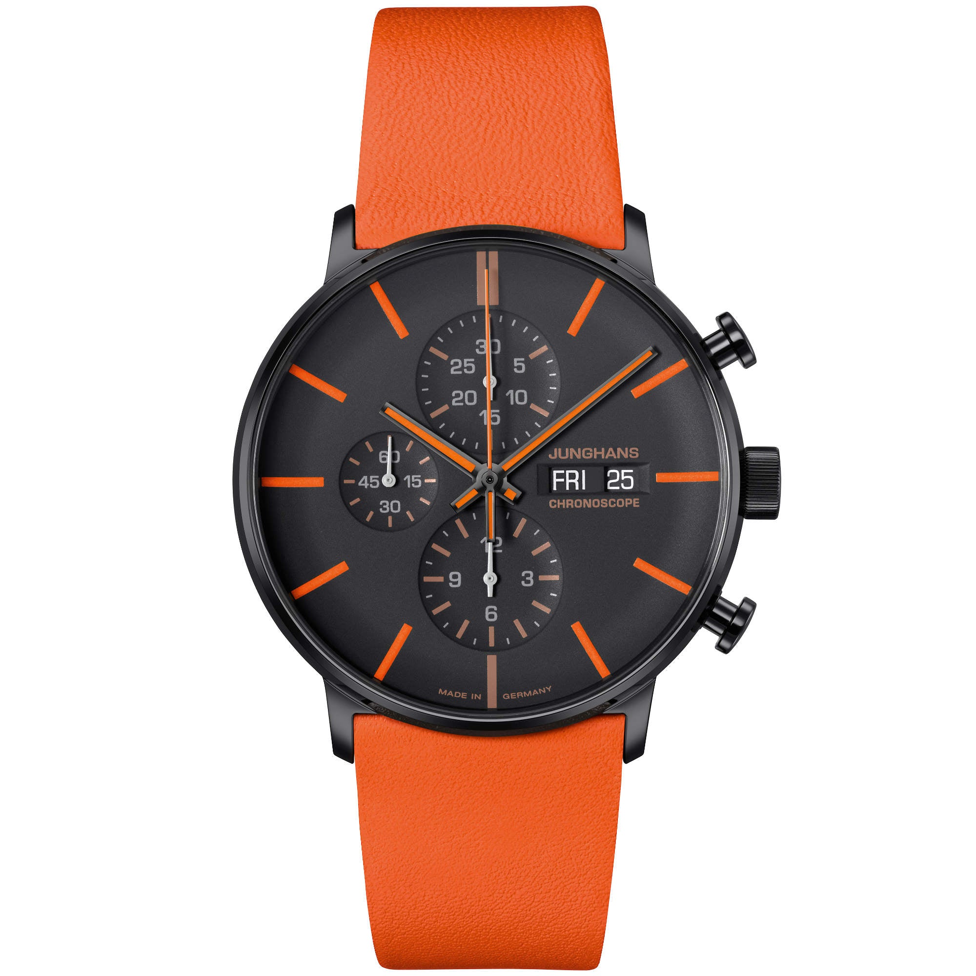 Junghans FORM A Chronoscope, Datum englisch - 27/4370.01 (01) aus Leder, Edelstahl