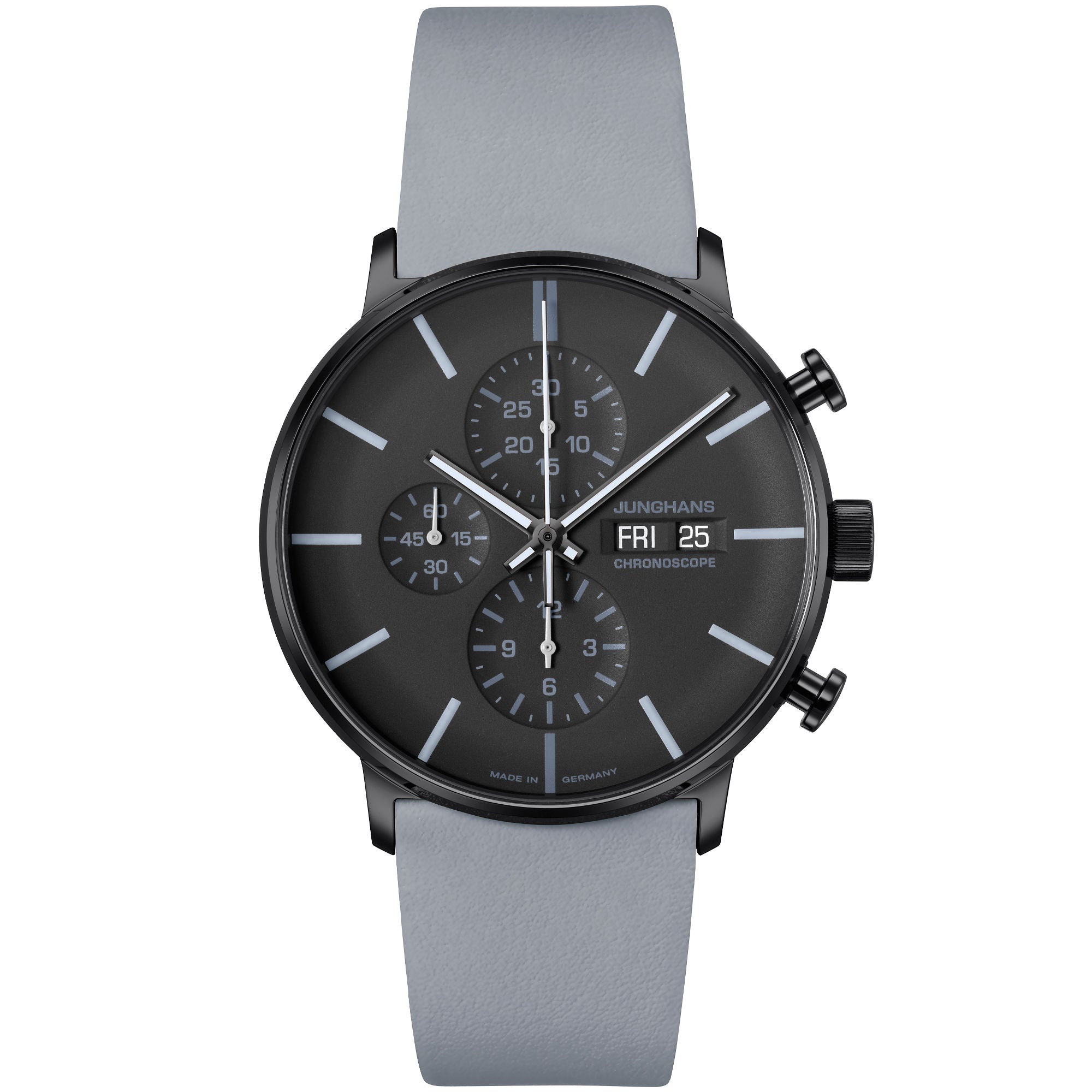 Junghans FORM A Chronoscope, Datum englisch - 27/4371.01 (01) aus Leder, Edelstahl