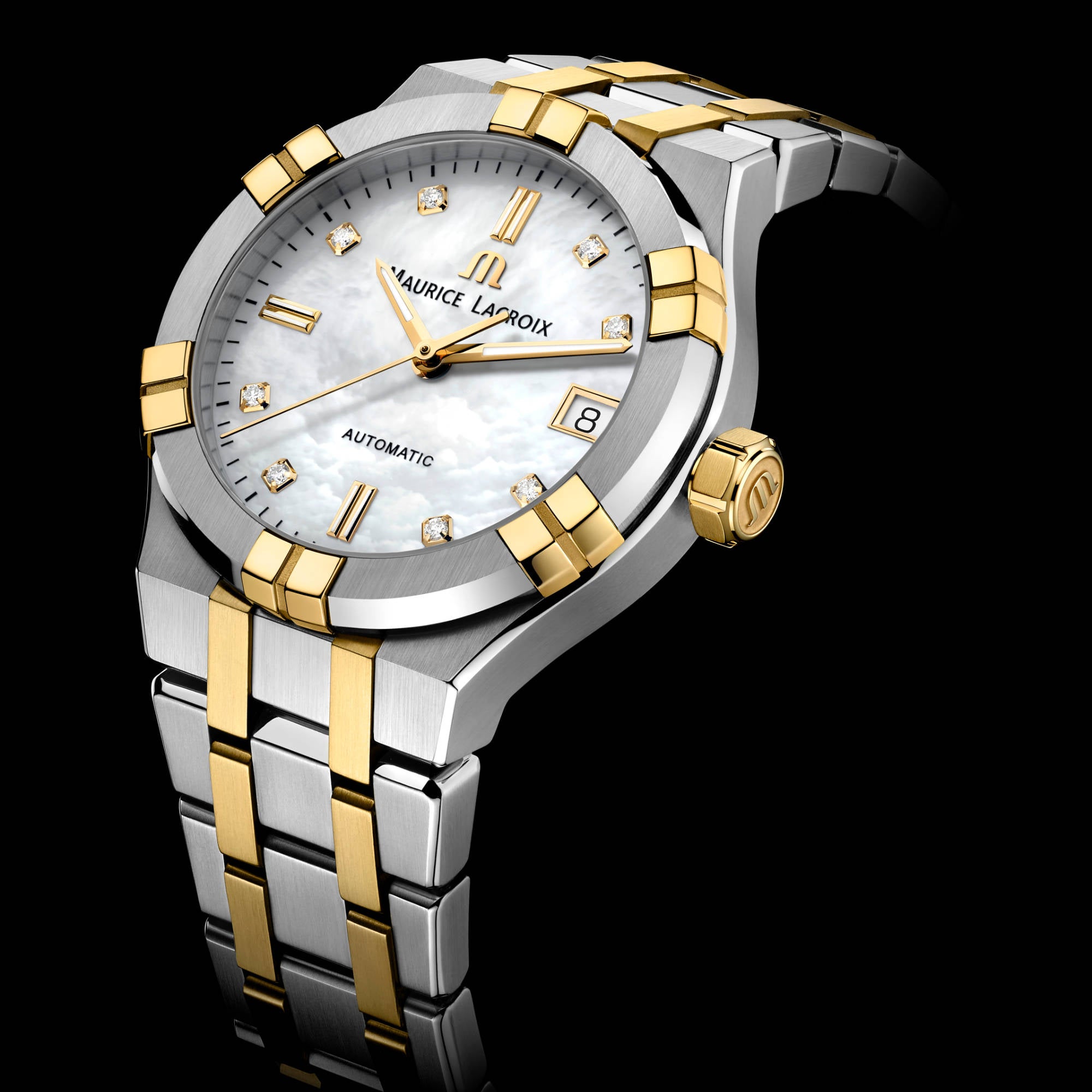 Maurice Lacroix Aikon Automatic Date 35mm (AI6006-PVY13-170-1) aus Gelbgold, Edelstahl mit Diamant und Perlmutt