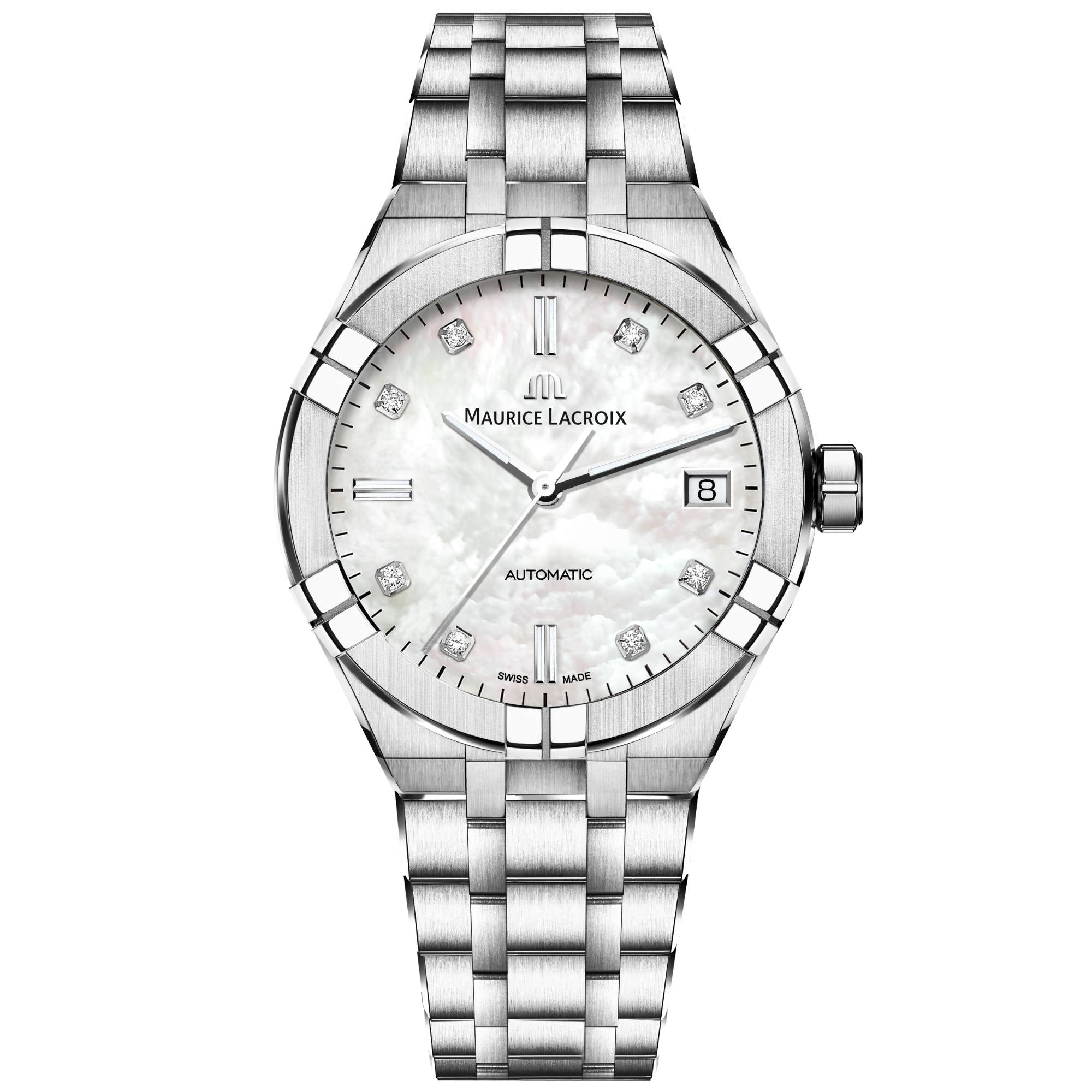 Maurice Lacroix Aikon Automatic Date 39 mm (AI6007-SS002-170-1) aus Edelstahl mit Diamant und Perlmutt