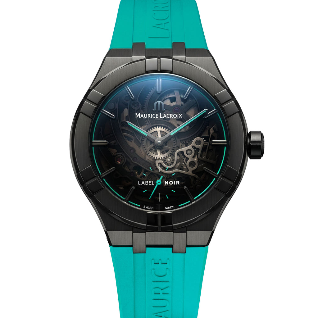 Maurice Lacroix Aikon Automatic Skeleton 45mm Label Noir (AI6028-DLB0B-030-H) aus Edelstahl mit Türkis