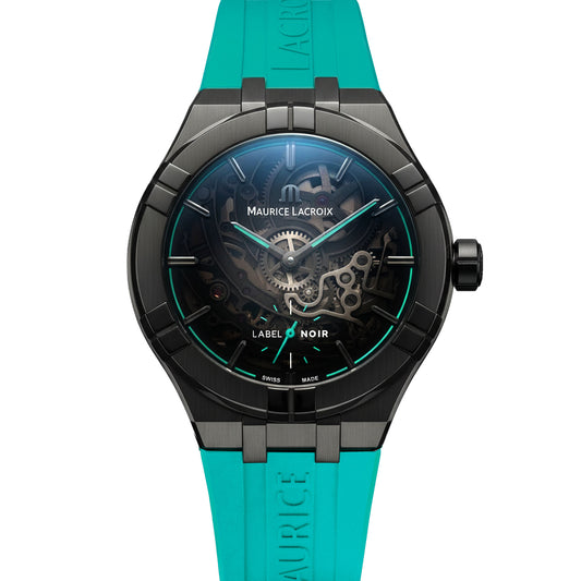 Maurice Lacroix Aikon Automatic Skeleton 45mm Label Noir (AI6028-DLB0B-030-H) aus Edelstahl mit Türkis