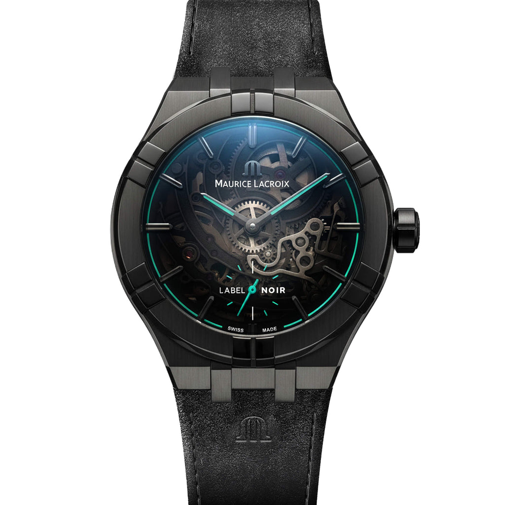 Maurice Lacroix Aikon Automatic Skeleton 45mm Label Noir (AI6028-DLB0B-030-H) aus Edelstahl mit Türkis