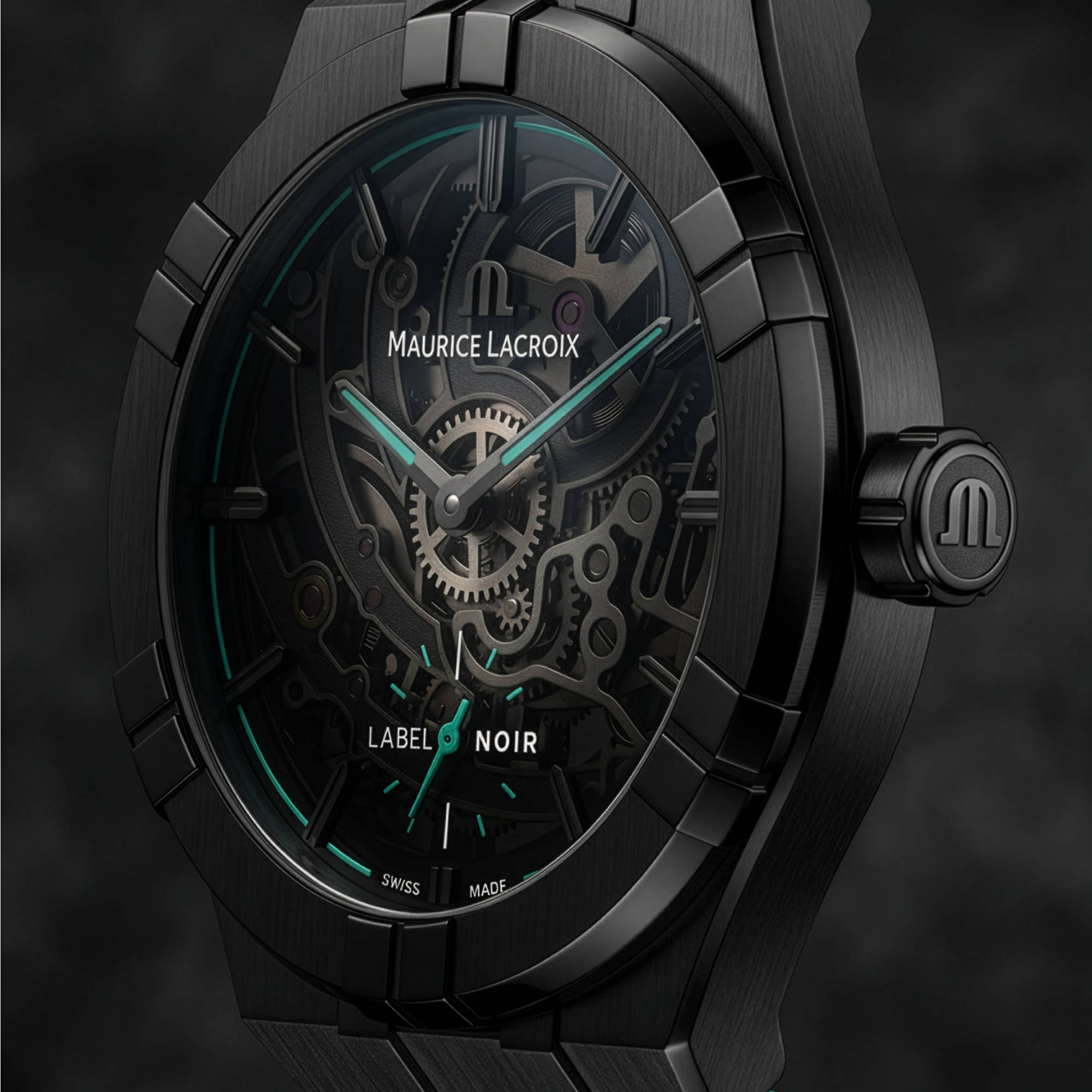 Maurice Lacroix Aikon Automatic Skeleton 45mm Label Noir (AI6028-DLB0B-030-H) aus Edelstahl mit Türkis