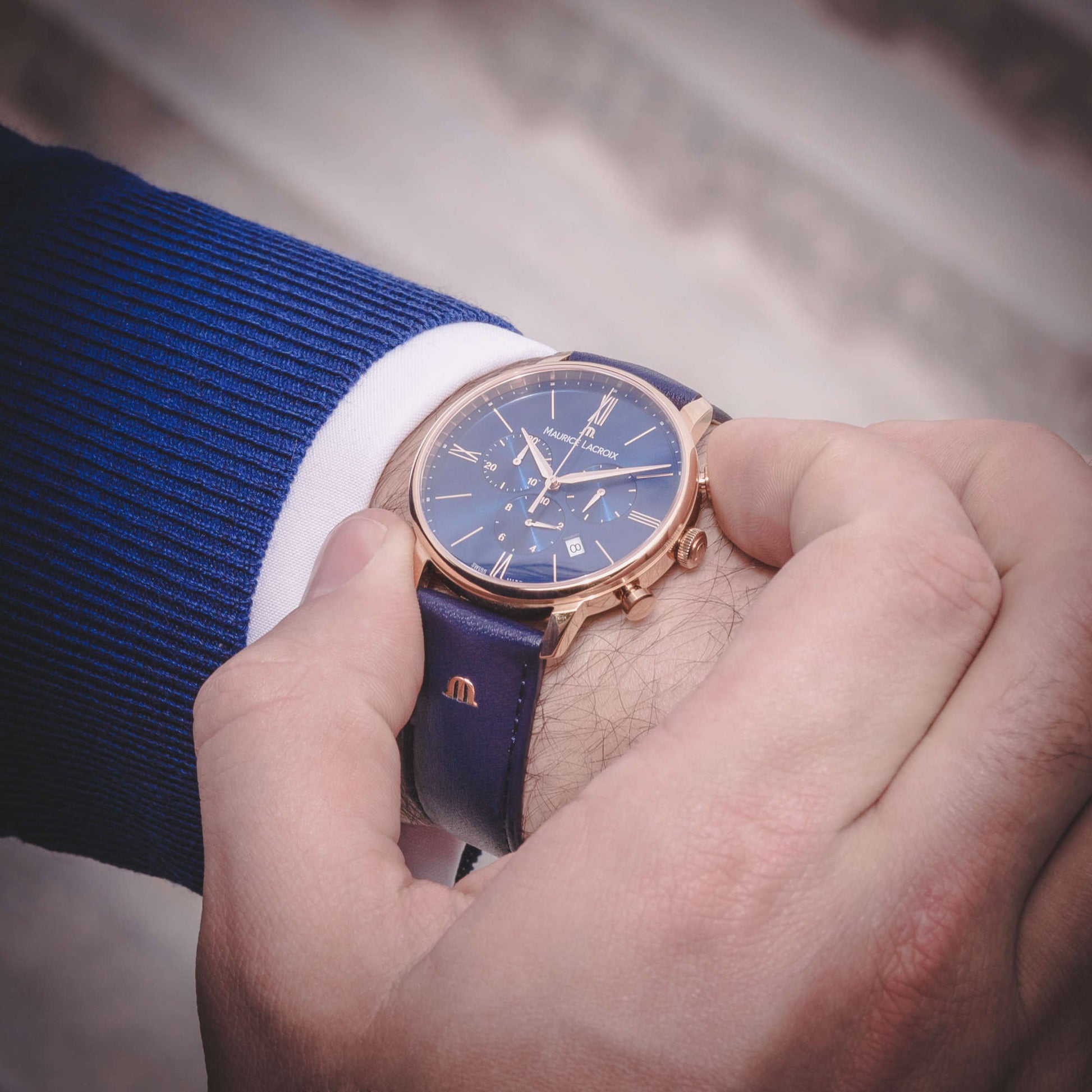 Maurice Lacroix Eliros Chronograph (EL1098-PVP01-411-1) aus Roségold, Leder, Edelstahl mit Diamant