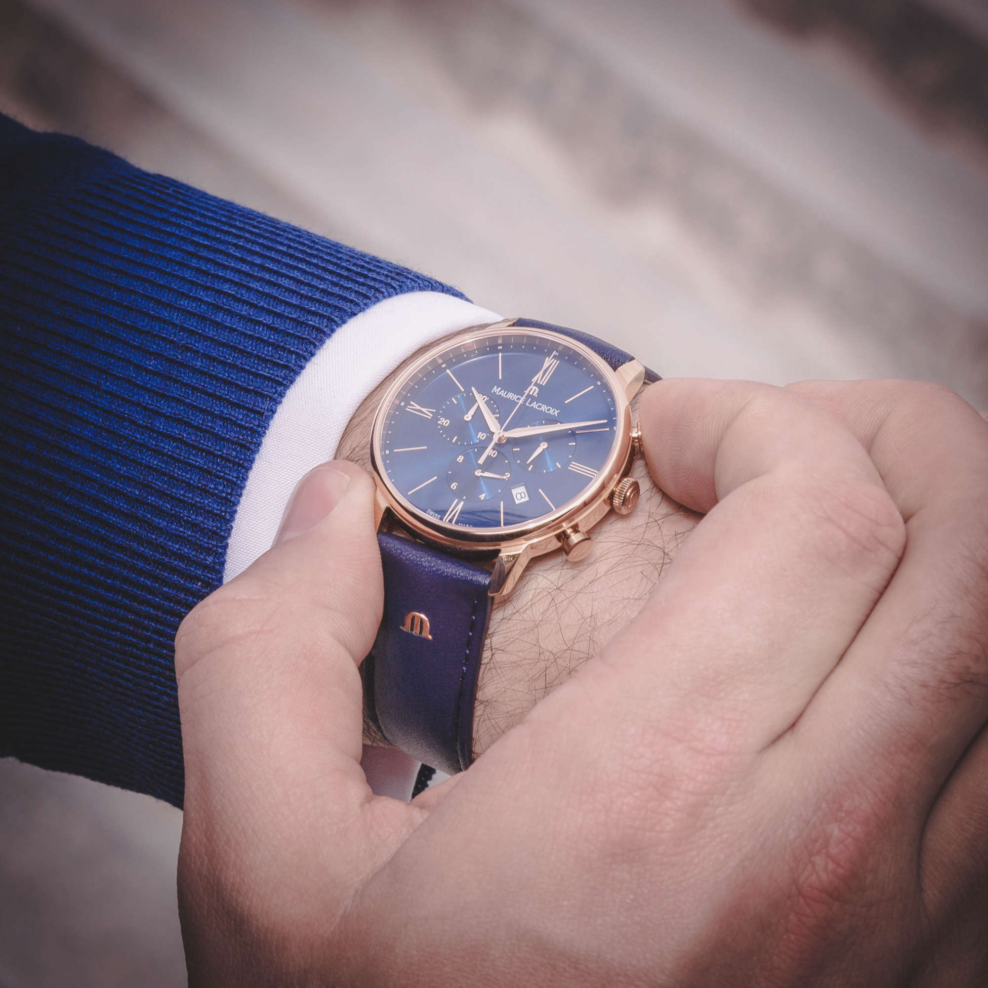 Maurice Lacroix Eliros Chronograph (EL1098-PVP01-411-1) aus Roségold, Leder, Edelstahl mit Diamant