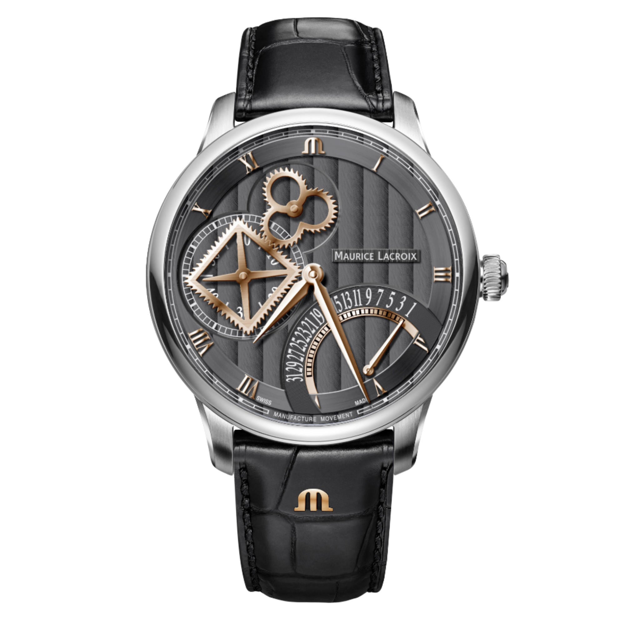 Maurice Lacroix Masterpiece Square Wheel Retrograde (MP6058-SS001-310-1) aus Leder, Edelstahl