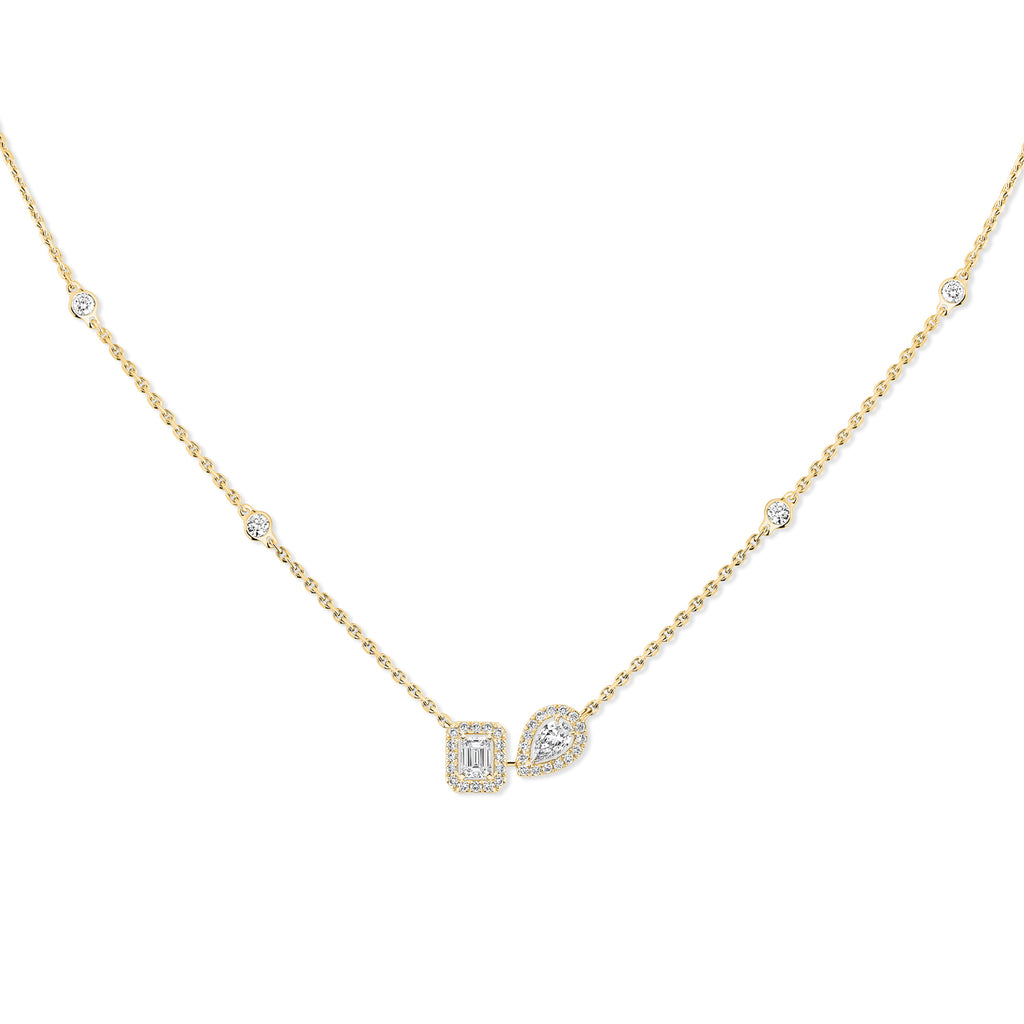 Messika My Twin Toi & Moi Halskette (14534-YG) aus Gelbgold mit Diamant und Smaragd