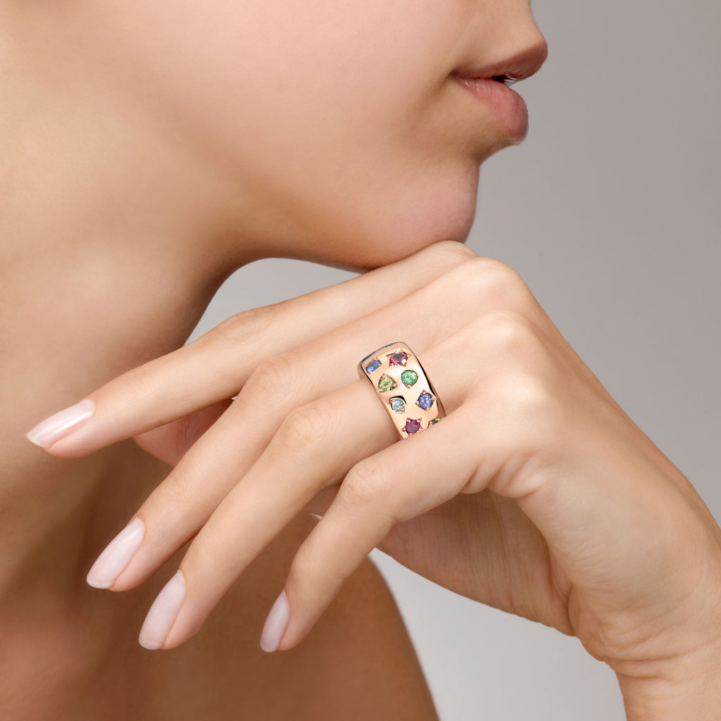 Pomellato Iconica Großer Color Ring (PAB9012O7000000VA) aus Roségold mit Amethyst, Peridot, Rubin, Saphir, Spinell, Tansanit, Tsavorit und Turmalin