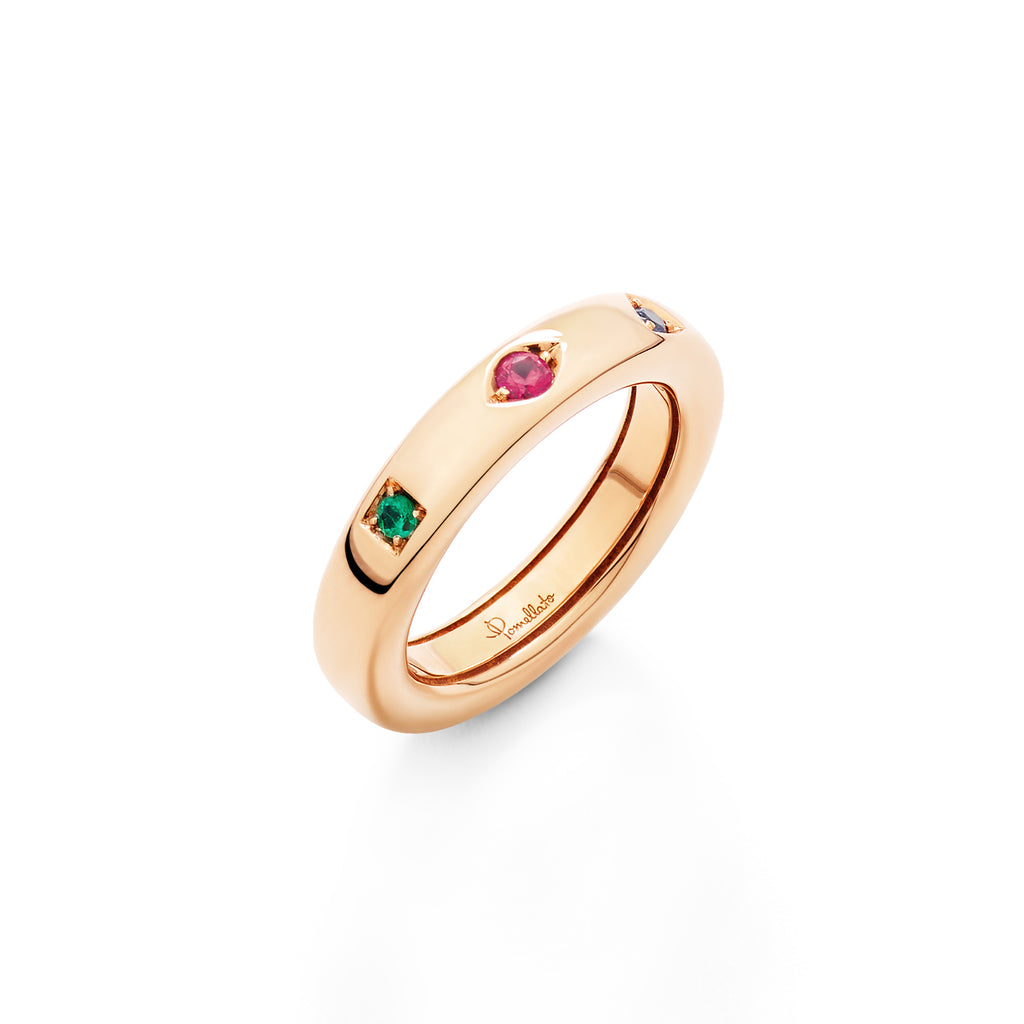 Pomellato Iconica Ring (PAC6041O7000000VA) aus Roségold mit Rubin, Saphir und Smaragd
