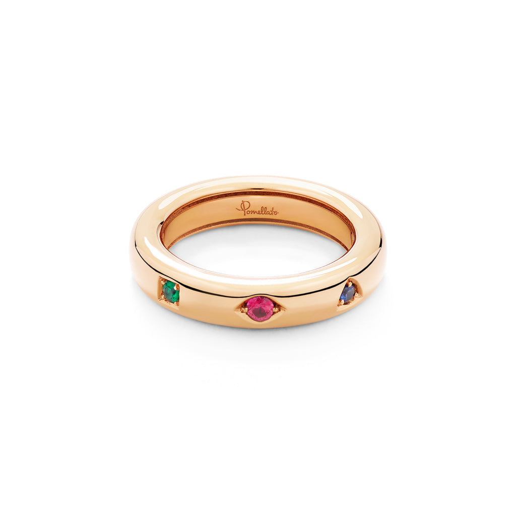 Pomellato Iconica Ring (PAC6041O7000000VA) aus Roségold mit Rubin, Saphir und Smaragd