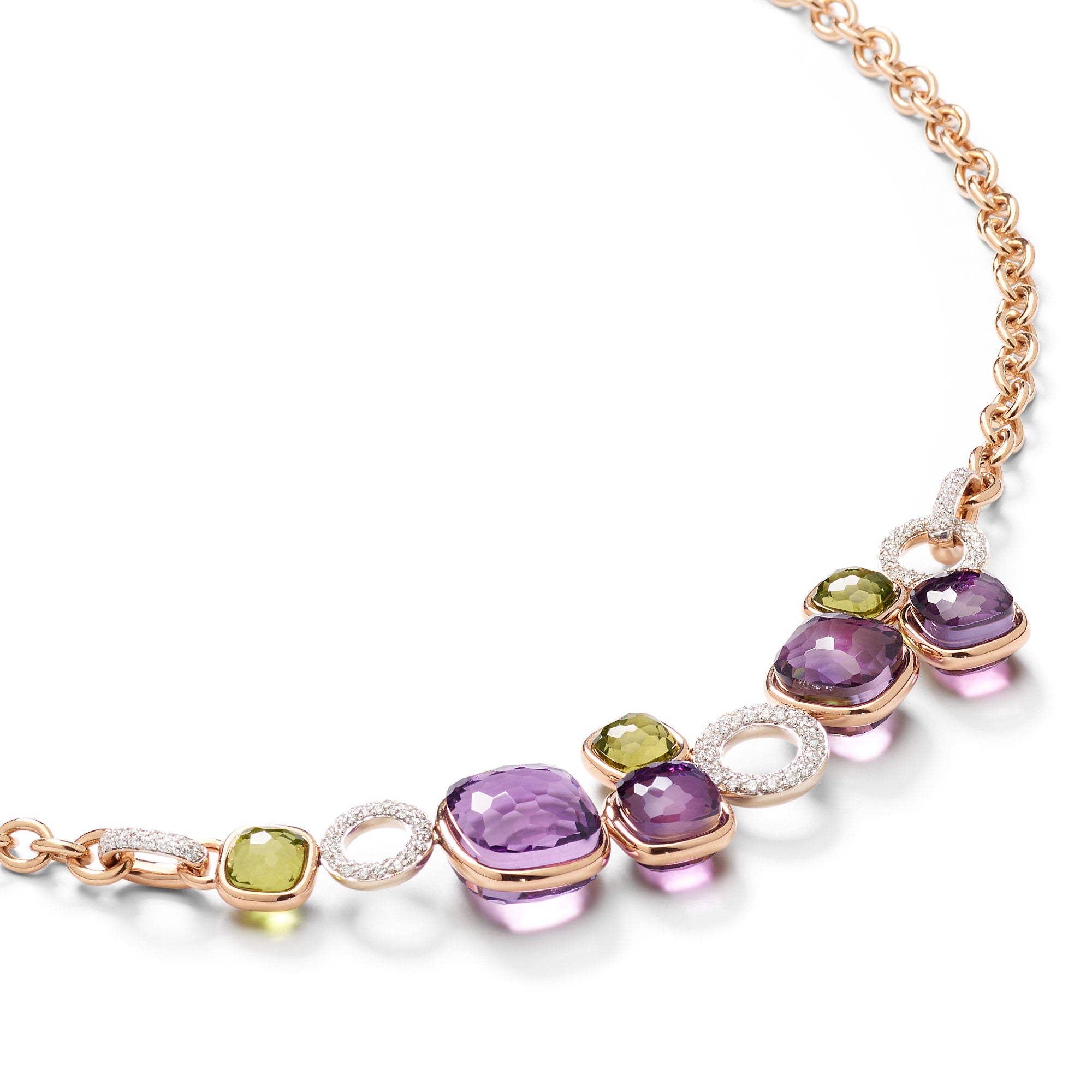 Pomellato Nudo Halskette (PCC6021O6WHRBPEIY) aus Bicolor-Gold mit Amethyst, Diamant und Peridot