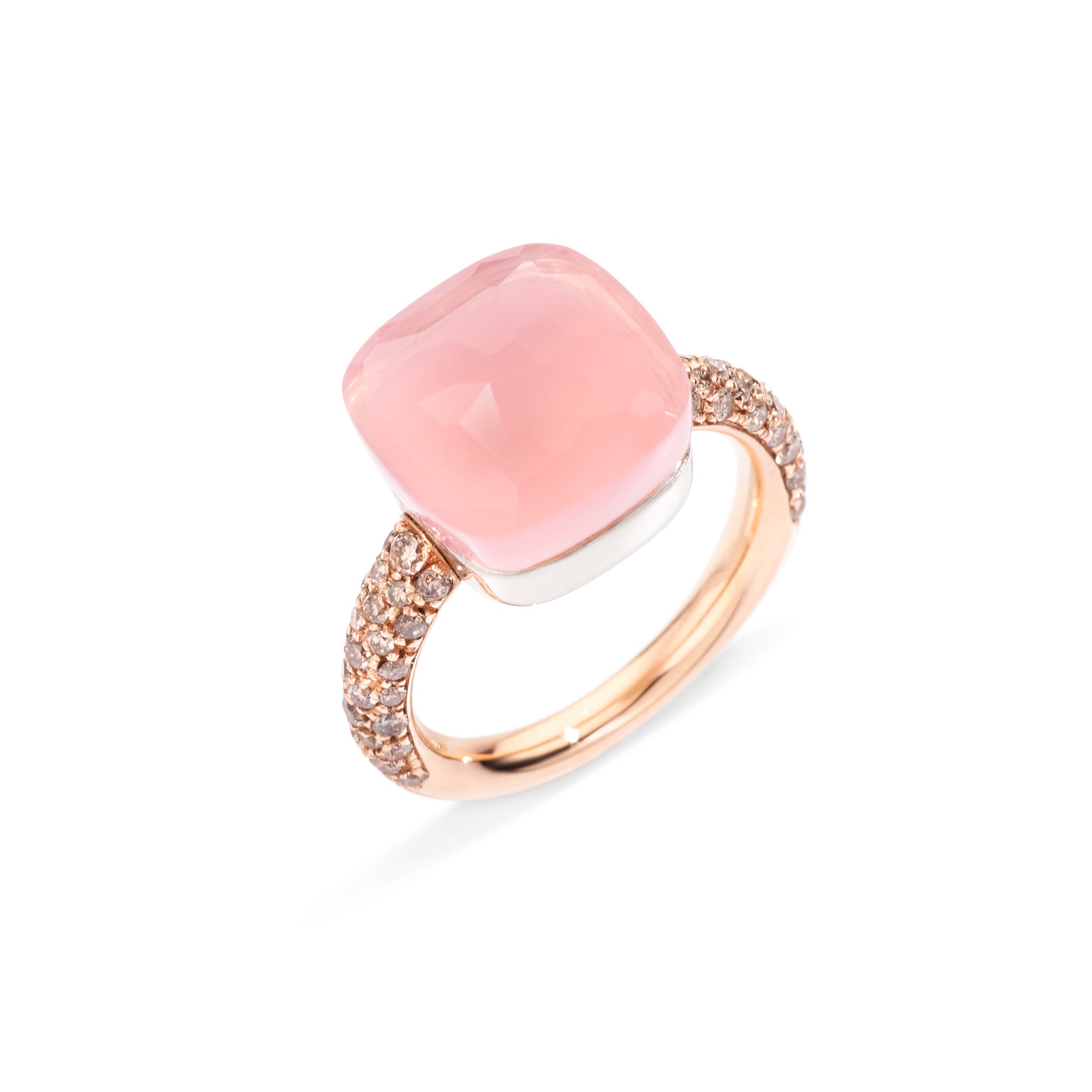 Pomellato Nudo Ring (PAB4010O6000BRCQR) aus Bicolor-Gold mit Diamant, Chalcedon und Rosenquarz