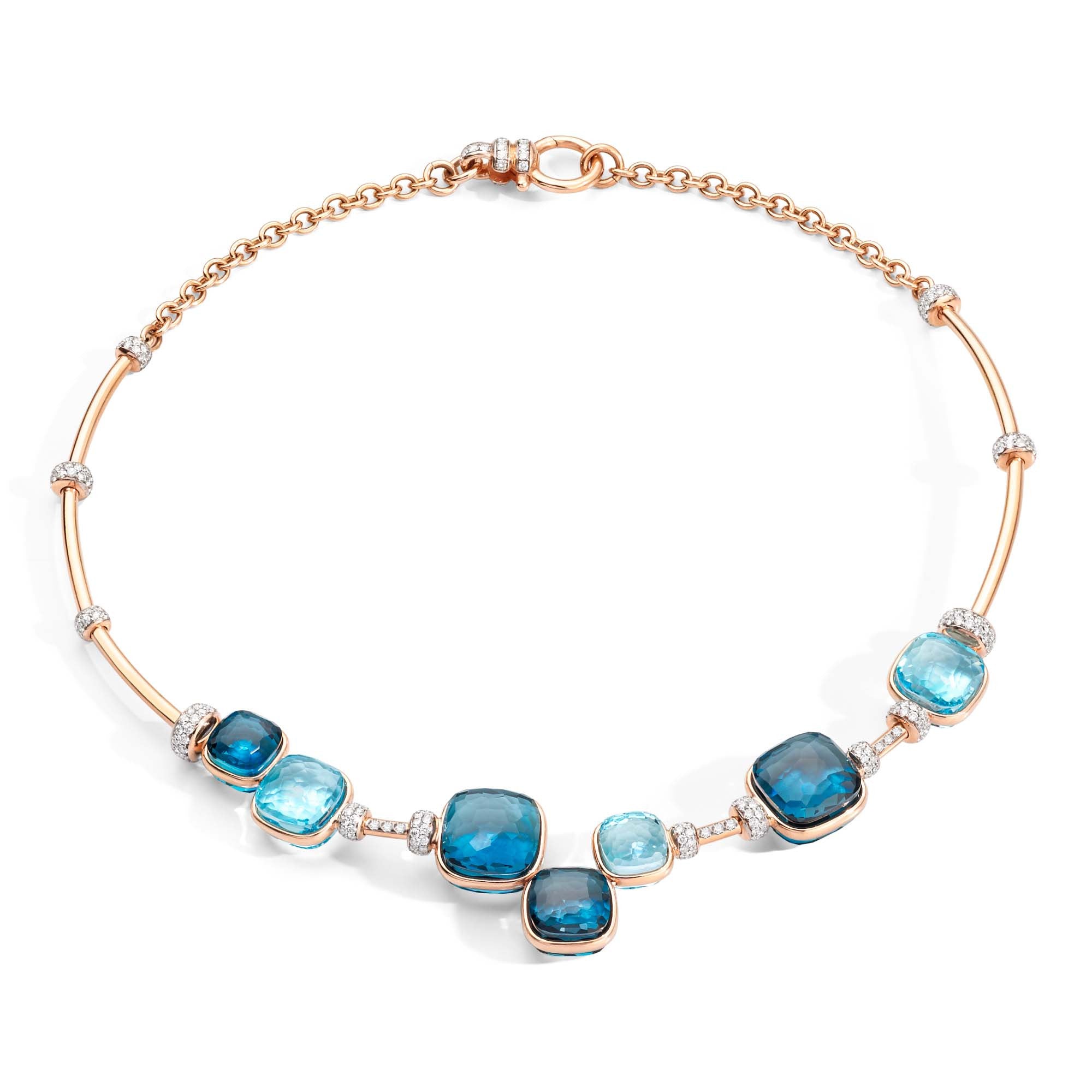 Pomellato Nudo Rivière Halskette (PCC2041O7WHRB0YTL) aus Roségold mit Blautopas, Diamant und Topas