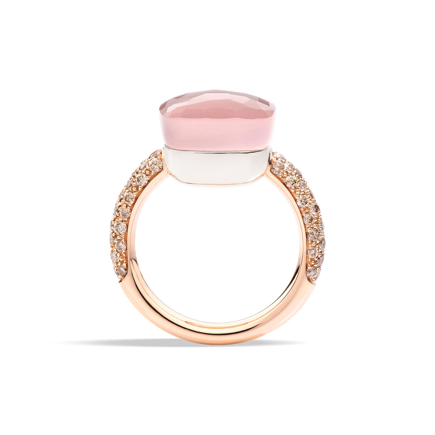 Pomellato Nudo Rosenquarz Maxi Ring (PAB4010O6000BRCQR) aus Bicolor-Gold mit Diamant, Chalcedon und Rosenquarz