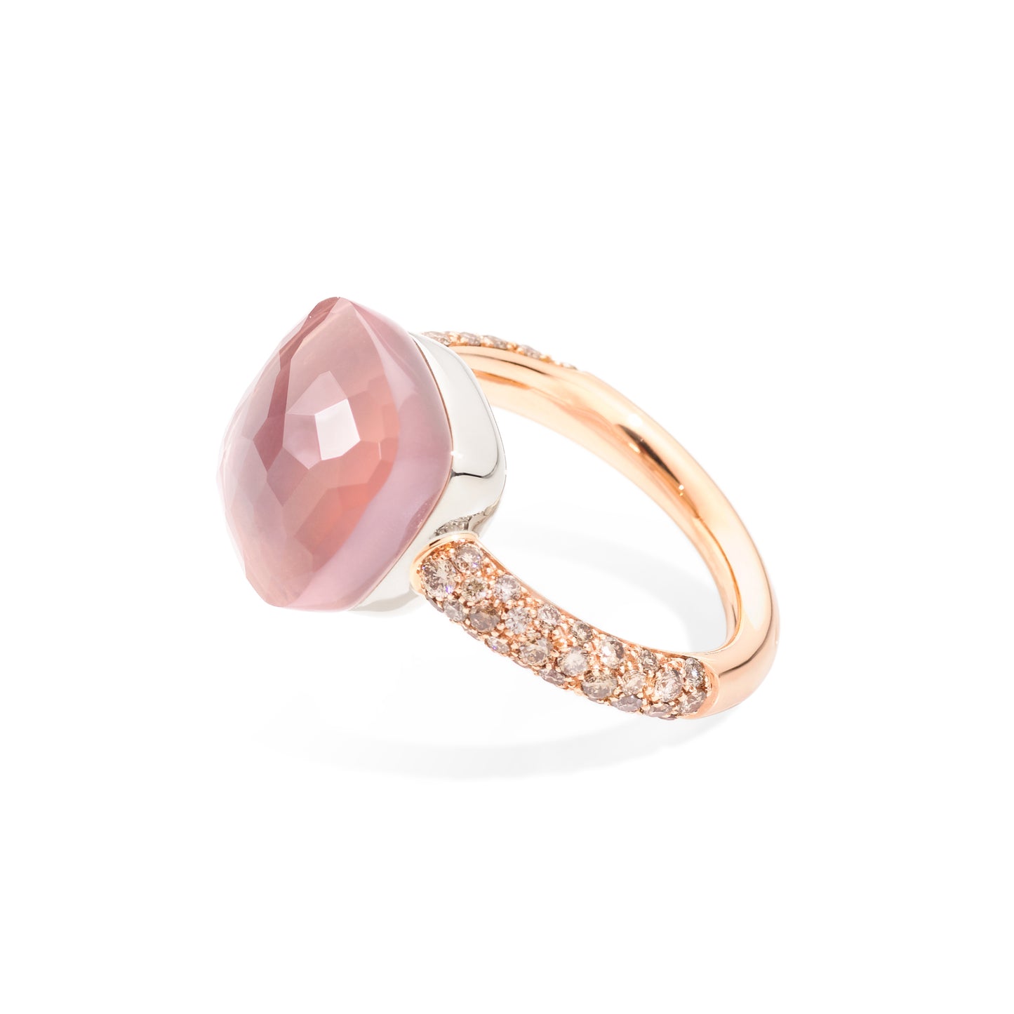 Pomellato Nudo Rosenquarz Maxi Ring (PAB4010O6000BRCQR) aus Bicolor-Gold mit Diamant, Chalcedon und Rosenquarz