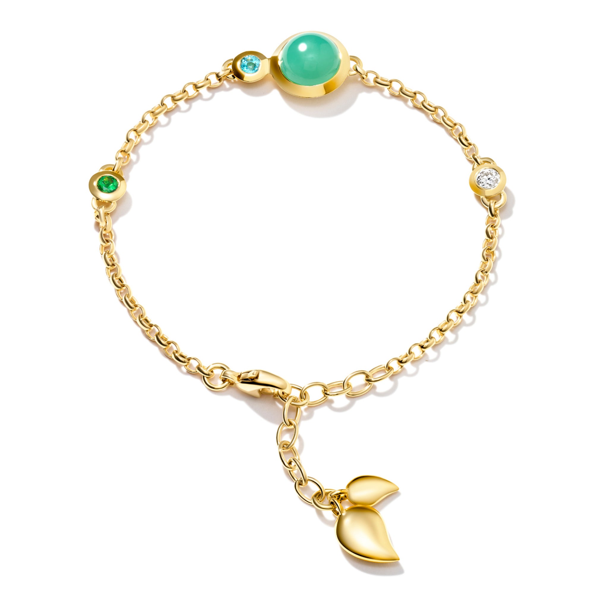 Tamara Comolli BOUTON Mini Chain Armband 'Lagoon' Medium/Large (B-BOU-c-Lag-ml-yg) aus Gelbgold mit Diamant, Chrysopras und Tsavorit