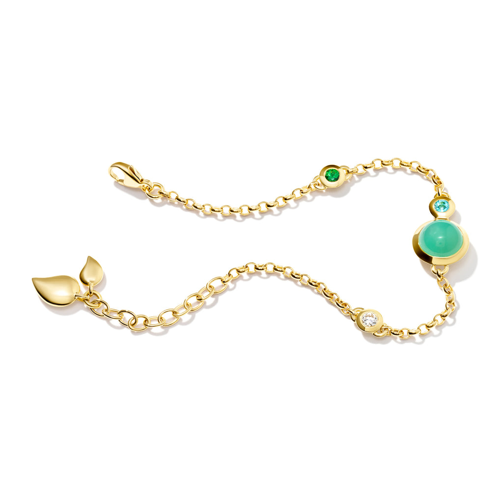 Tamara Comolli BOUTON Mini Chain Armband 'Lagoon' Medium/Large (B-BOU-c-Lag-ml-yg) aus Gelbgold mit Diamant, Chrysopras und Tsavorit