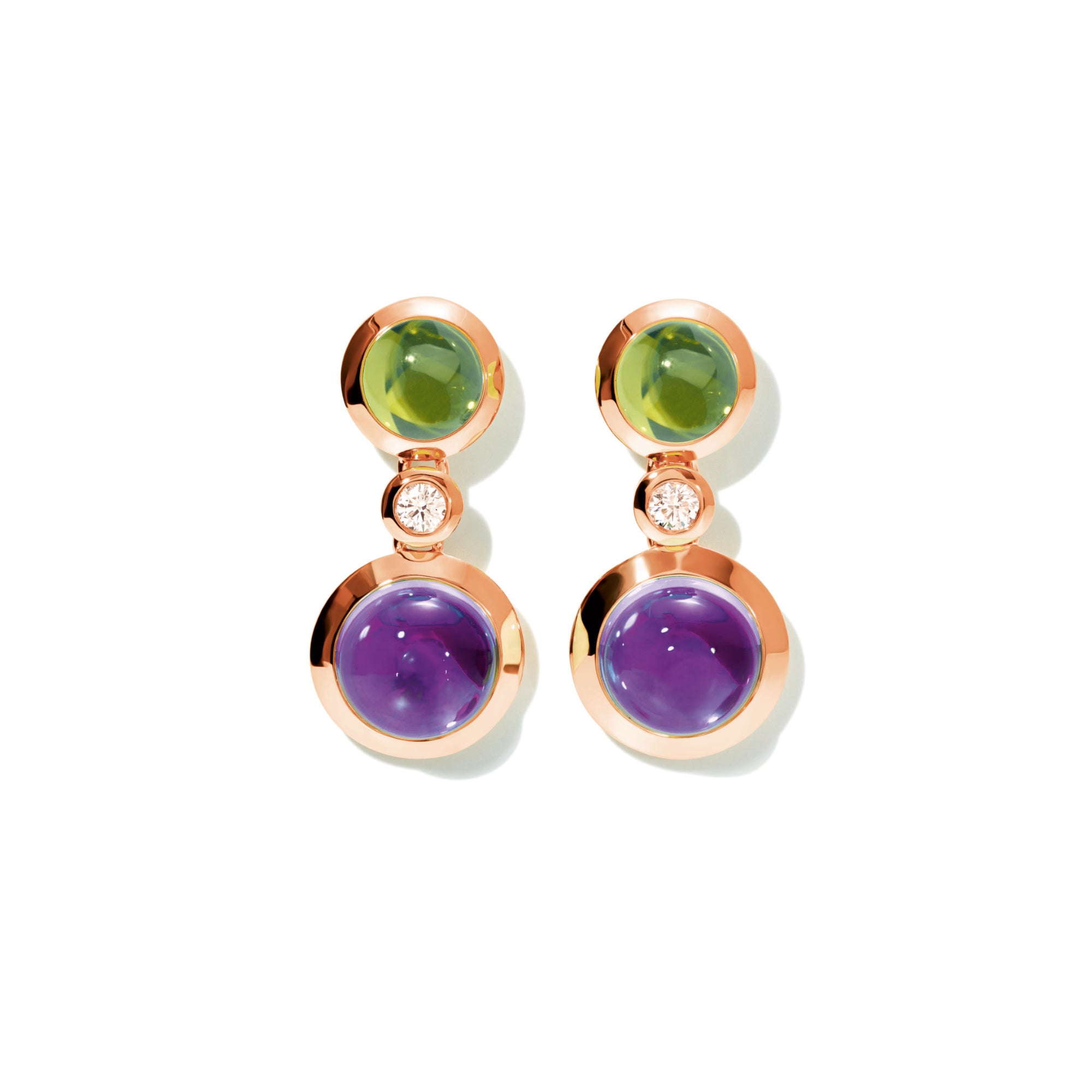 Tamara Comolli BOUTON Ohrhänger 2 Cabochons 'Aurora' (E-BOU-2-Aur-Cl-rg) aus Roségold mit Amethyst, Diamant und Peridot